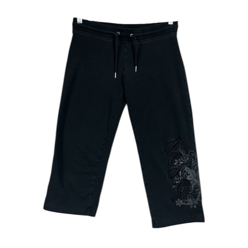 BCBG Y2K Cropped Sweatpants Drawstring Embroidered Floral Print Sz S Black